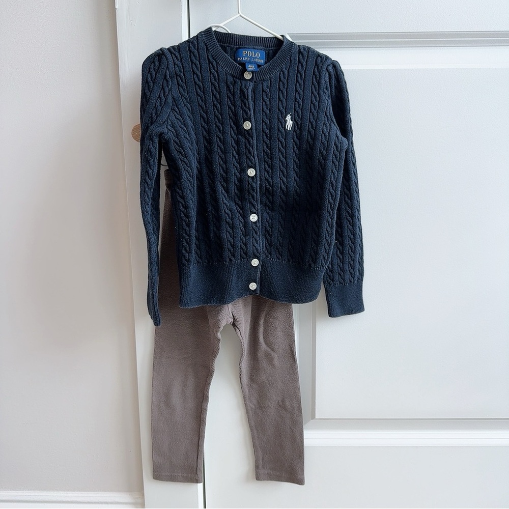 Polo Ralph Lauren Navy Cable Knit Cardigan with Brown Pants